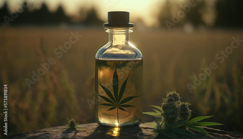 cannabis oil in a jar on a field background. Generative AI