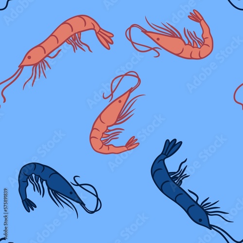 Hand drawn seamless pattern of peach orange and blue shrimps prawns on turquoise background. Marine underwater sea food, ocean restaurant cafe menu, aquatic animal creature, nautical print design. photo