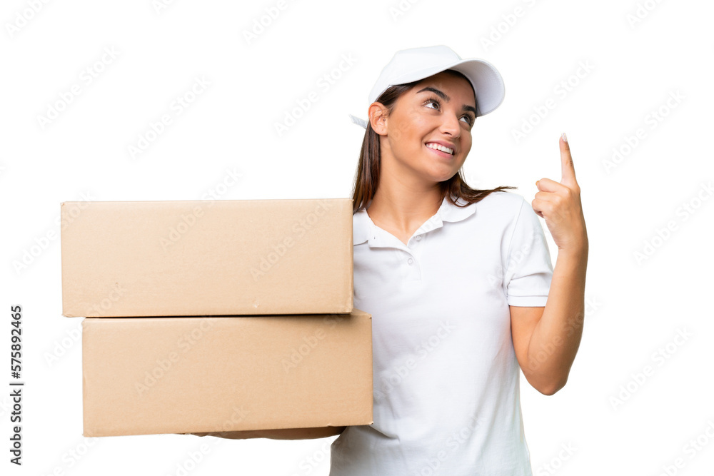 Delivery caucasian woman holding boxes isolated on green chroma background pointing up a great idea Delivery caucasian woman holding boxes isolated on green chroma background pointing up a great idea