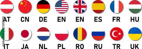 Round Flag Icon Set of Austria Bulgaria Germany UK USA France Hungary Italy Japan Netherlands Poland Romania Russia Spain Turkey Ukraine China Flag Button Symbol with Language Codes. Vector Image.