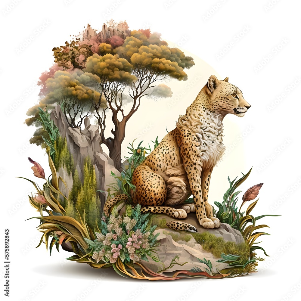 Cheetah logo with green jungle style made with Generative AI - obrazy, fototapety, plakaty 