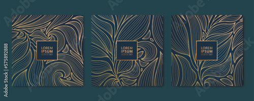 Vector set of abstract luxury golden square cards, post templates for social net, leaves botanical modern, art deco wallpaper background. Pattern, texture for print, fabric, packaging design