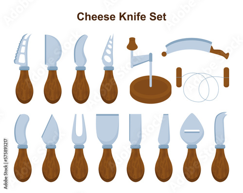 Cheese knives set. Common knives for cheese cutting. Metallic utensils tools