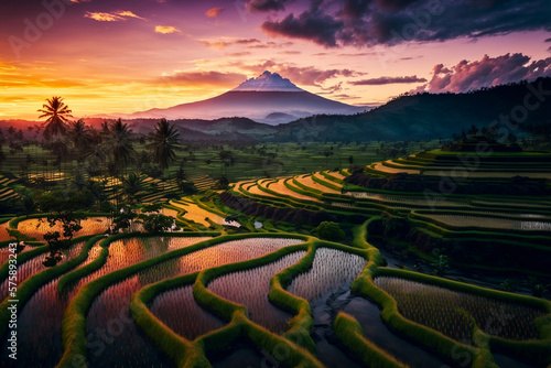 view of mountains and rice fields of bali indonesia at sunset, generative ai