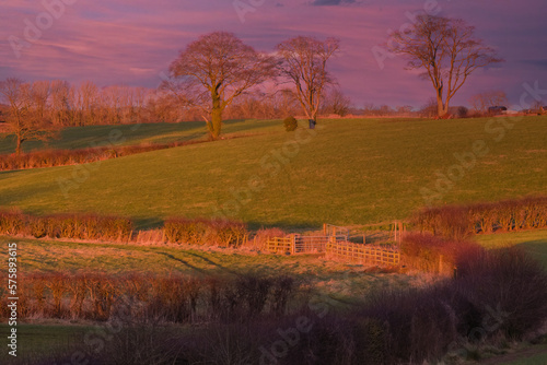 Beautiful Scottish Farmlands with farming fields and gates at the heart of Burns country in Irvine Scotland and at sunset