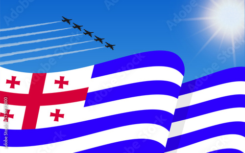 Flag of Ajaria and a fighter plane formation flying in the sky. Independence day Ajaria. Military aviation in the blue sky. Vector illustration