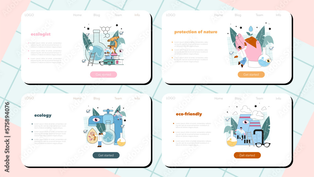 Ecologist web banner or landing page set. Scientist taking care