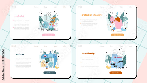 Ecologist web banner or landing page set. Scientist taking care