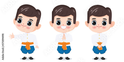 Cartoon character of traditional Thai boy in namaste poses. Cartoon vector illustration drawing. Amazing Thailand reception concept.
