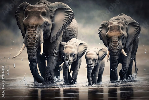 herd of elephant animals in the rain