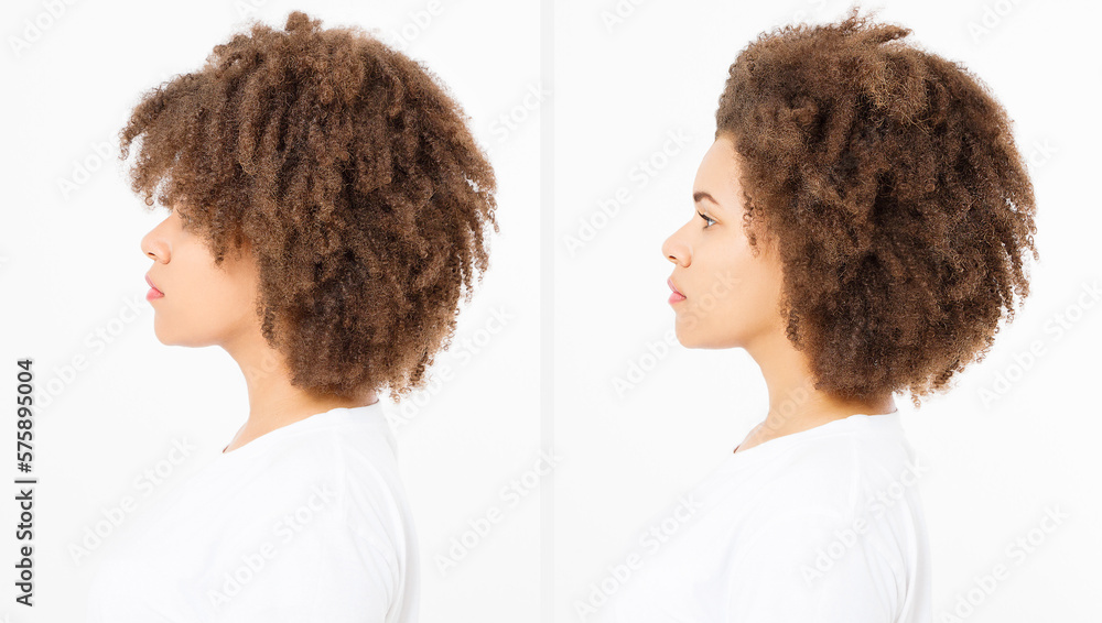 Before after banner awkward hairstyle. Before-after uncomfortable Hair style bang. African american woman face profile isolated on white background. Copy space. Curly haircare concept Before after banner awkward hairstyle. Before-after uncomfortable Hair style bang. African american woman face profile isolated on white background. Copy space. Curly haircare concept