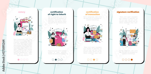 Notary service mobile application banner set. Professional lawyer