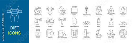 Set of 24 line icons Diet. Sports and fitness, Editable stroke Vector illustration. Outline icon collection