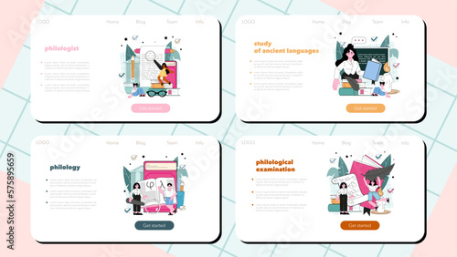 Philologist web banner or landing page set. Scientific study of language,