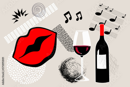 Art collage party concept with wine and red lips, music piano notes. Fashion modern poster