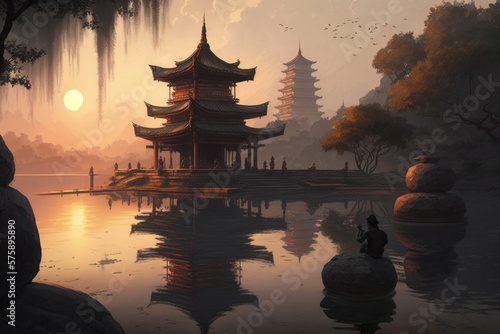 chinese temple at sunrise