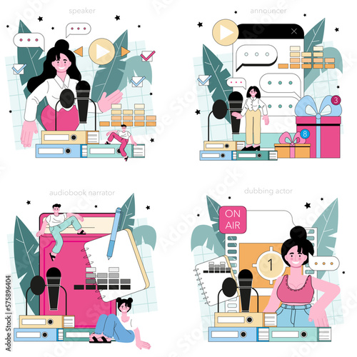 Speaker concept set. Voice actor dubbing a movie, audio book or radio