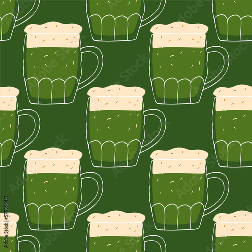 Seamless pattern with illustration stylized mug of beer on green background for St.Patrick holiday