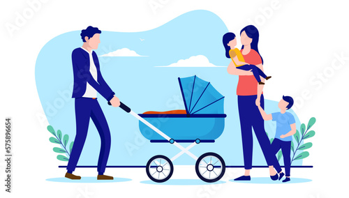 Family outdoors - Parents with kids and baby stroller taking a walk outdoors. Flat design vector illustration with white background
