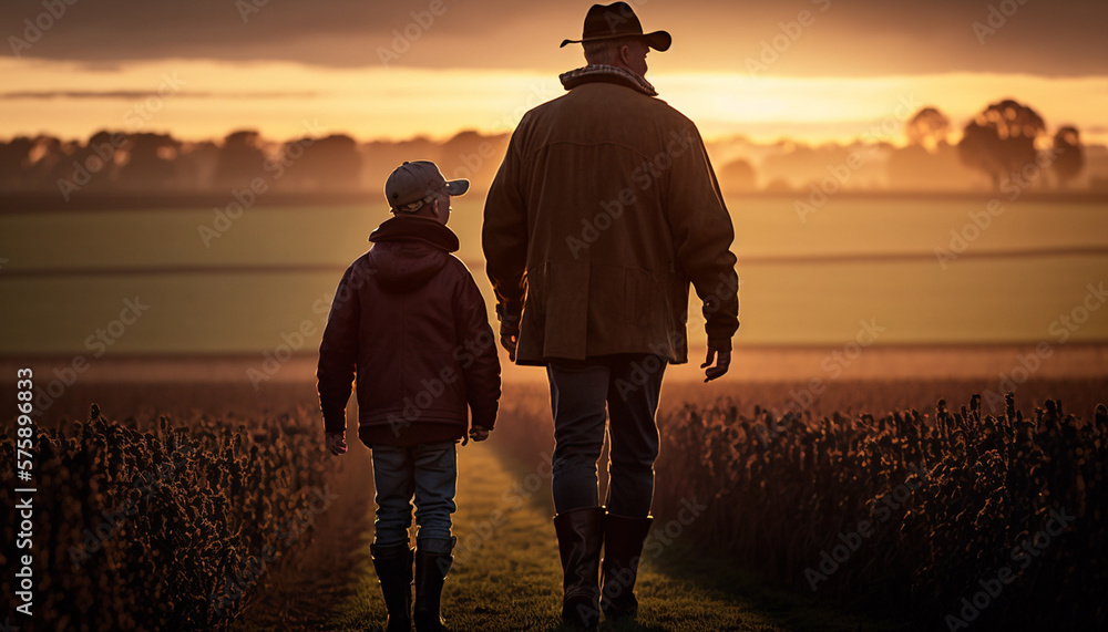 A farmer and his son in a sunset agricultural landscape - obrazy, fototapety, plakaty 