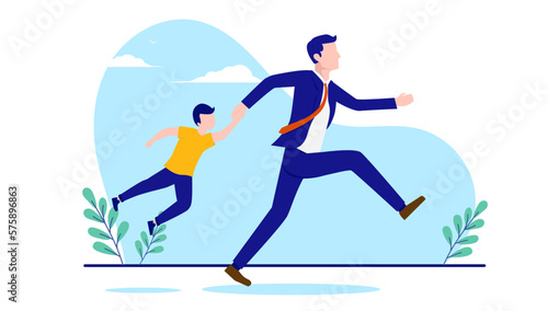Running father with child - Parent with kid is late for work stressing and having urgency because of time pressure. Flat design vector illustration with white background