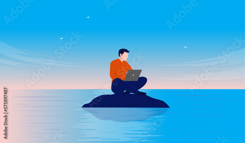 Work from anywhere - Man working remotely on laptop computer far away in peace and quiet on deserted island. Working alone concept, flat design vector illustration © Knut