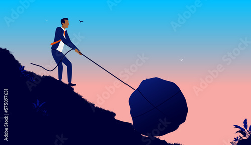 Working hard - Determined businessman struggling with big challenge and problem pulling heavy boulder up hill. Flat design vector illustration