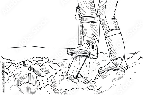 Sketch Close-up of construction worker mixing soil and cement by pushing shovel with his foot and wearing rubber boots.