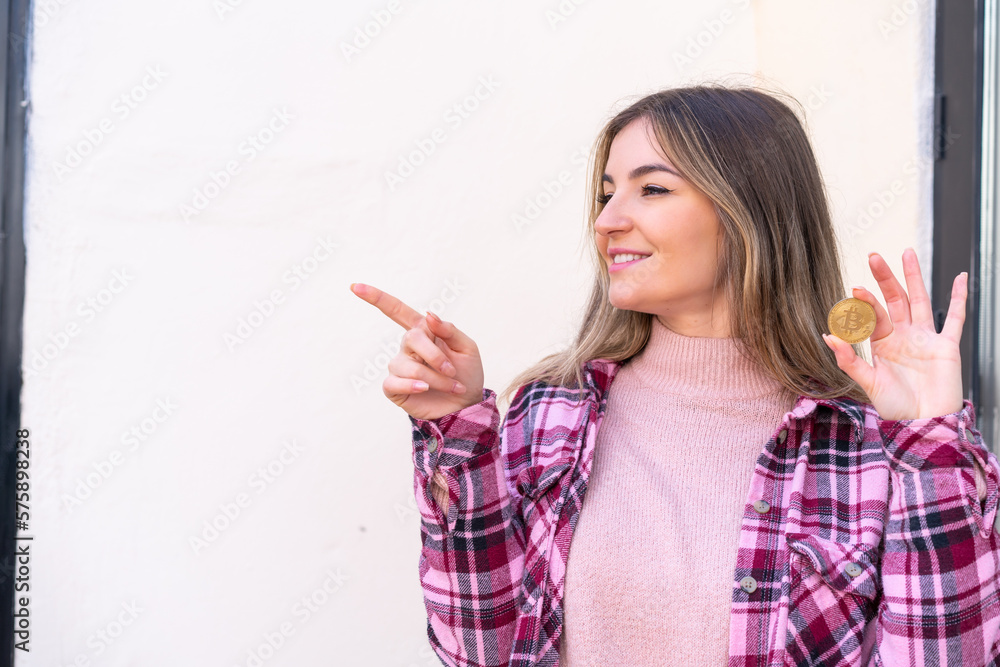 Young pretty Romanian woman holding a Bitcoin at outdoors pointing to the side to present a product Young pretty Romanian woman holding a Bitcoin at outdoors pointing to the side to present a product