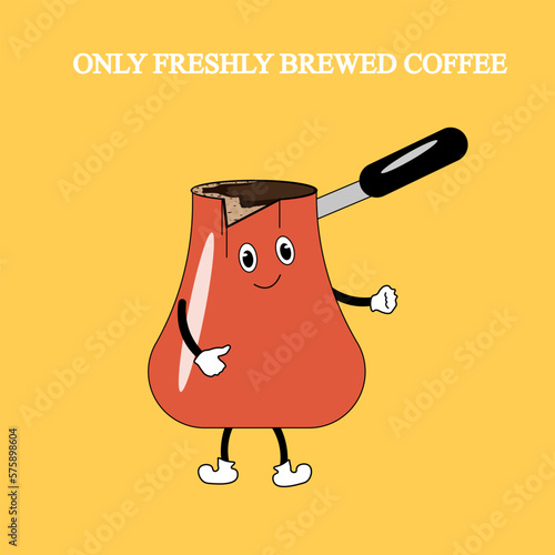 Cartoon poster for coffee shop with mascot turk in retro aesthetic style. Marketing material.