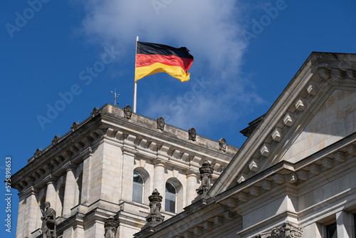 National Flag of Germany on Reichstag in Berlin  Germany