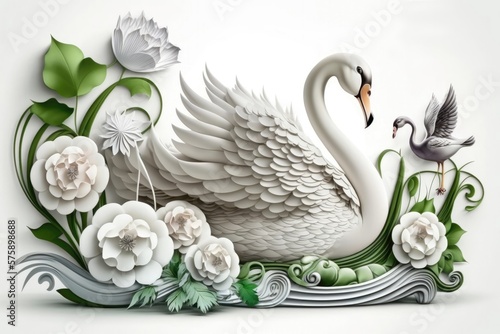 Fototapeta Naklejka Na Ścianę i Meble -  3D wallpaper swan and butterfly and flower most beautiful on white background. Generative AI