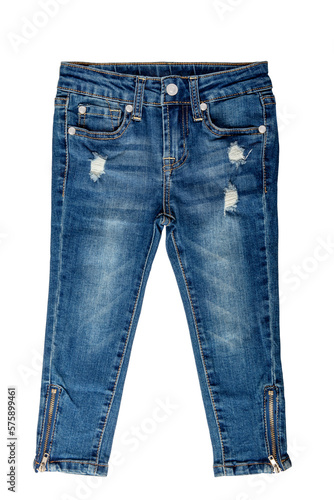 Girls jeans isolated. Elegant trendy stylish female blue jeans trousers isolated on a white background. Clipping path. Fashionable denim pants for kids.