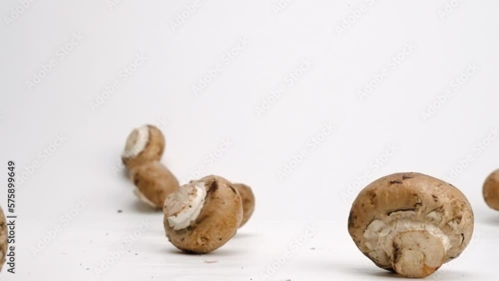 Whole mushrooms falling and bouncing on white studio backdrop in 4k slow motion Whole mushrooms falling and bouncing on white studio backdrop in 4k slow motion