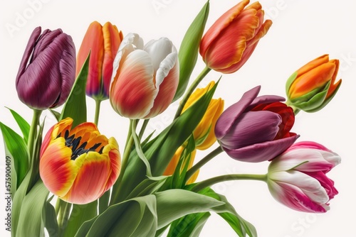 Colorful bouquet of tulips against white background. Generative AI