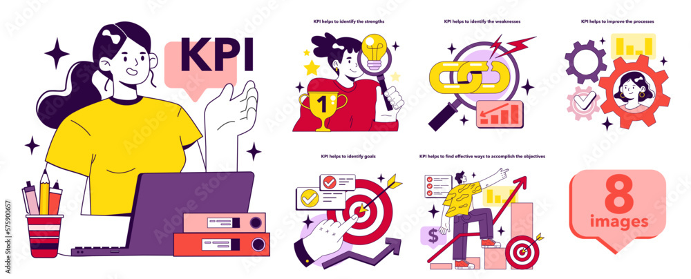 Key performance indicators implementation benefits set. KPI is an indicator Key performance indicators implementation benefits set. KPI is an indicator