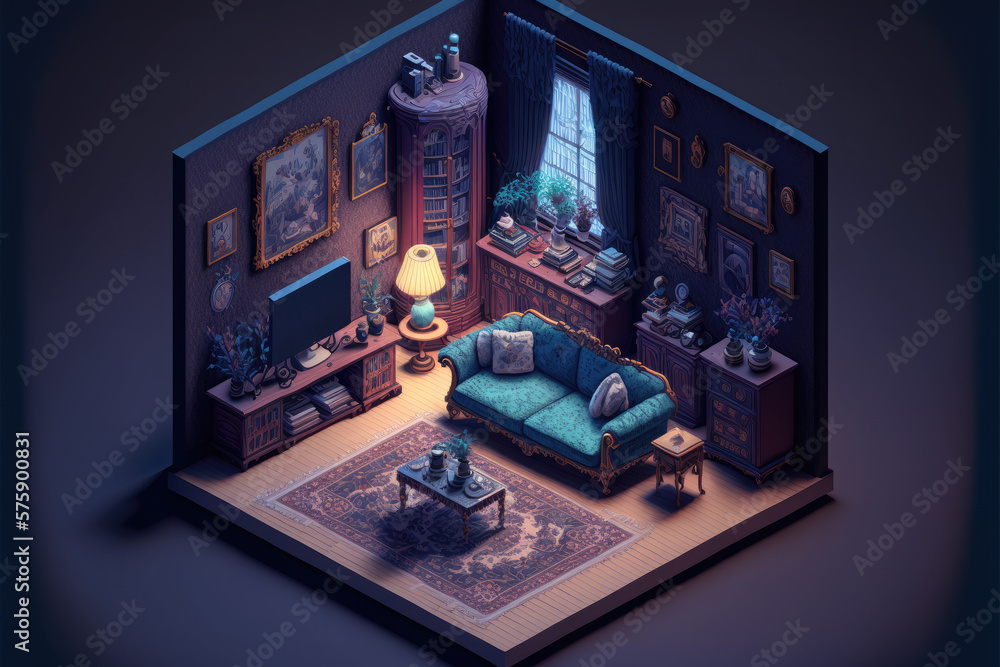 Isometric living room interior. The cozy interior in old English Victorian style. Generative AI illustration. Isometric living room interior. The cozy interior in old English Victorian style. Generative AI illustration.