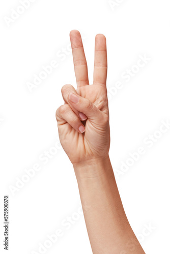 Woman hand showing Victory sign isolated, two fingers up