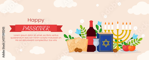 Vector Passover greeting card template banner. Pesach poster with matzo, wine bottle, candles, book, spring flowers on pink background. Jewish holiday horizontal invitation, flyer, brochure for event.