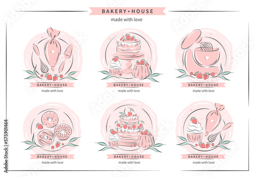 Bakery house logo. Set of design for pastry and bread shop. Planetary stationary dough mixer, kitchen tools and cakes and berries. Vector illustration