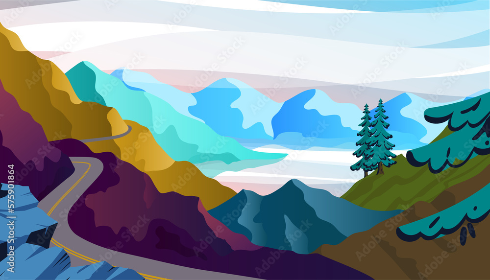 Mountain landscape with curvy road and range. Travel or trip through scenery of rural. Beautiful mountain roads. Natural scenery and environment view. Adventures road trip. Flat illustration