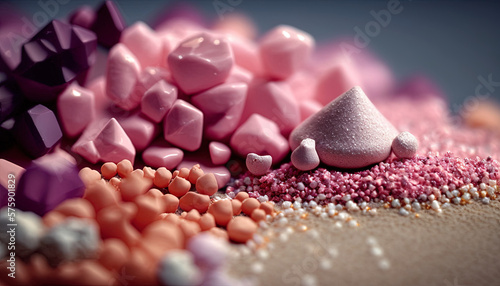 Crystals, close-up of beautiful luxury small rock elements in pink, orange, grey, gravels, forms and patterns for awesome background-building. Generative AI.