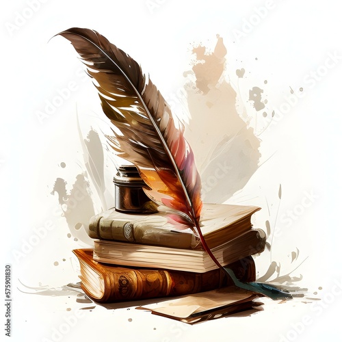 illustration of vintage book and feather. Generative AI photo