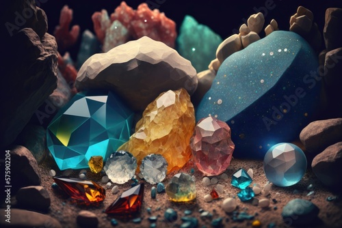 Various natural gems and crystals in gem cave. Generative AI