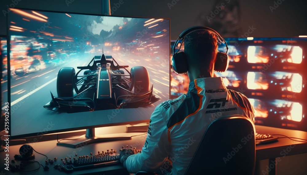 Professional gamers playing online car racing esport simulator with steering wheel, Generative AI