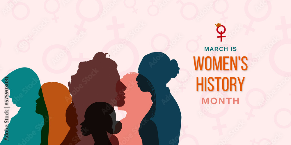 Women's history month. March. Illustration. Multi-ethnic. Different ethnicity of women - Caucasian, African, Asian, European, and Middle East. 