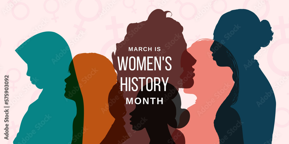 Women's history month. March. Illustration. Multi-ethnic. Different ethnicity of women - Caucasian, African, Asian, European and Middle East. 