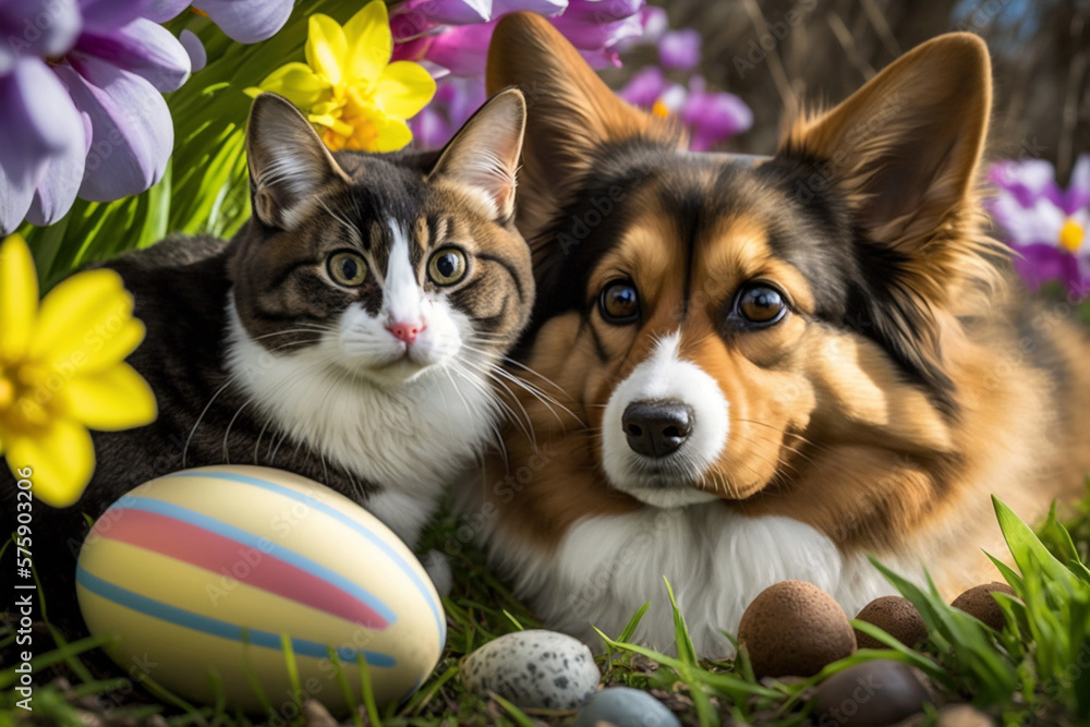 Cat and dog in backyard during an Easter egg hunt. it enthusiastically sniffs out colorful eggs hidden in the grass. The background include blooming springtime flowers and trees. AI