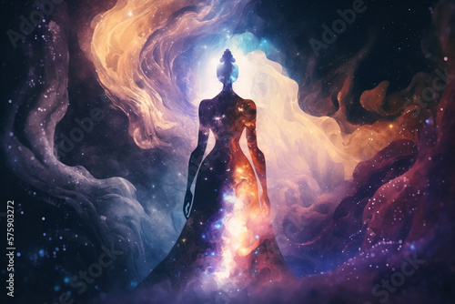 Astral body silhouette. Esoteric, spiritual life and meditation concept. Afterlife and connection with other worlds, generative ai