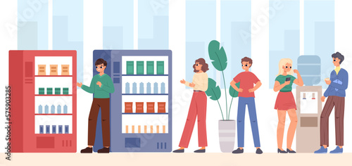 Students, young office workers buy food on vending machine, drinking and talking near water cooler. Happy cartoon flat teenagers vector characters